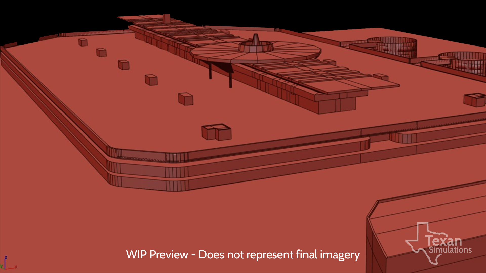 A red, untextured 3D model of a parking garage, with a VOR array on top.